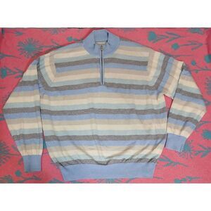 Men large wool linen sweater all 4 seasons blue cream mockneck 1/4 zip pullover